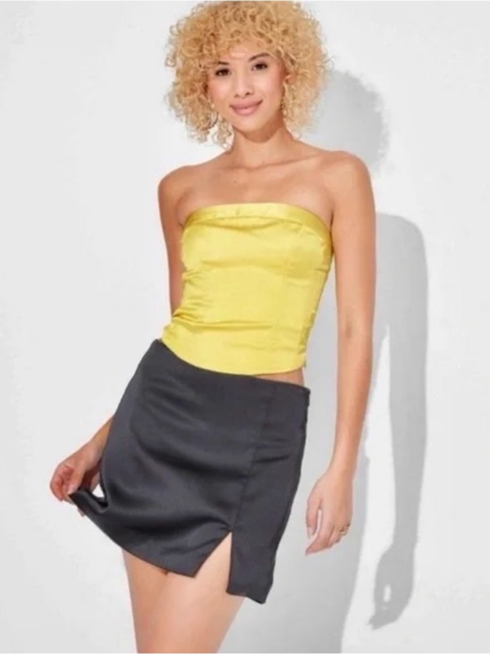 wild fable Strapless Satin Crop Top in Yellow Green